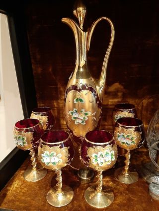 Vintage Venetian Decanter And 6 Glasses Hand Hand Painted Raised Flowers