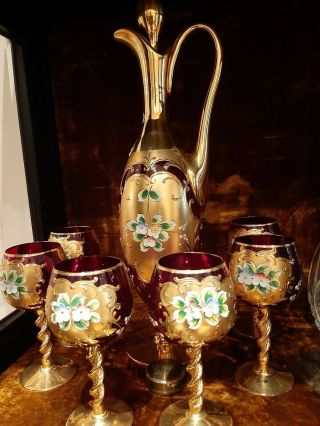 Vintage Venetian Decanter and 6 Glasses Hand Hand Painted Raised flowers 2