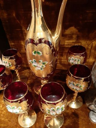 Vintage Venetian Decanter and 6 Glasses Hand Hand Painted Raised flowers 3
