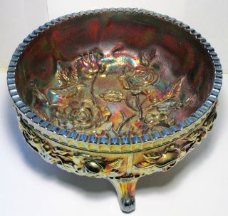Carnival Glass Metallic Lustre Rose Designed 3 Footed Bowl