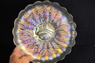 Outstanding Northwood Carnival Glass White Peacock And Urn Ice Cream Bowl 10 "