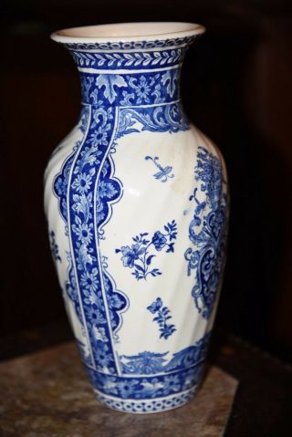 Rare Vintage Gien France Bandana Blue White Vase Transferware Antique 10 " H Wow