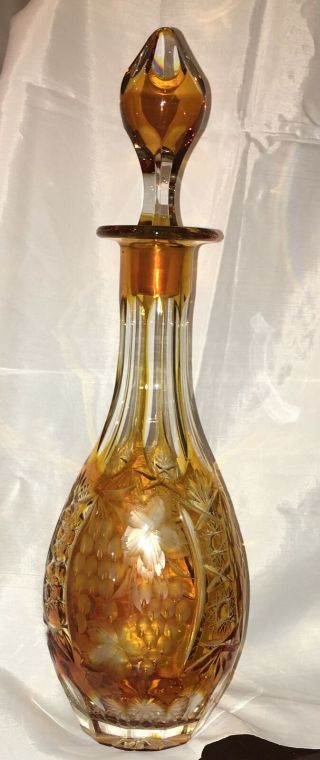 Antique Bohemian Czech Amber Cut Crystal To Clear Decanter Grape Cluster Leaf
