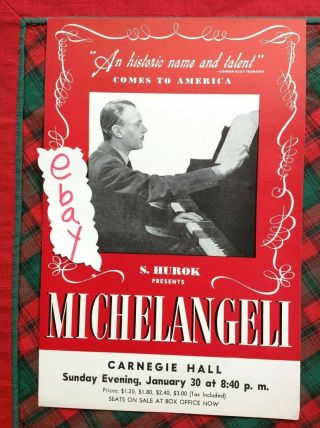 Circa 1949 Arturo Michelangeli Carnegie Hall Flyer York City Box D Handbill