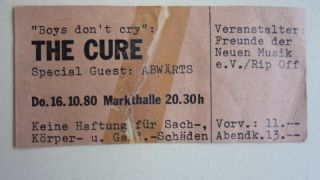The Cure Abwarts Gig Ticket 1980 Hamburg Germany Goth Punk Banshees