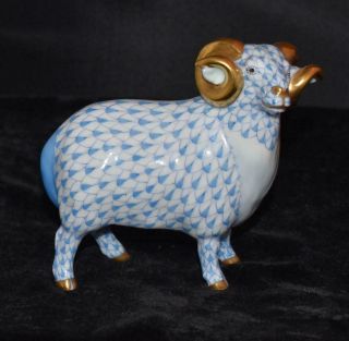Herend Figurine - Ram 15453 - Blue Fishnet W/ Gilded Accents - 4 " H -