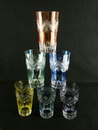 Rare Antique Baccarat Crystal Glass 6 X Engraved Multi - Color Beer / Wine Tumbler