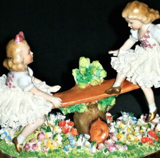 Antique German Dresden Lace Sitzendorf Little Girls On Seesaw Porcelain Figurine
