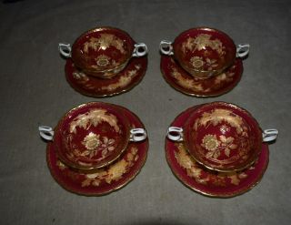 Pristine Set Of 4 Wedgwood Ruby Tonquin Cream Soup Bowls W/saucers - Lavish Gold
