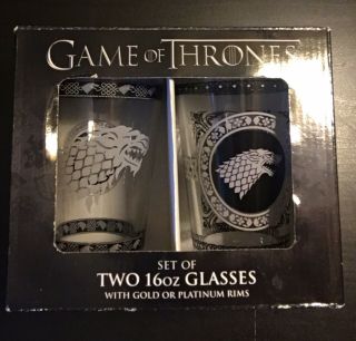 Game Of Thrones House Stark 2 Pint Glasses 16 Oz Wolf Platnium Rim Black