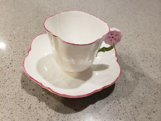 Rare Aynsley White Teacup And Saucer With Flower Handle And Pink Rim