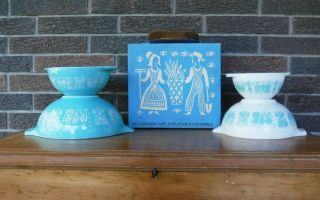 Vtg Pyrex Amish Butterprint Cinderella Mixing Bowl Set Of 4 Box