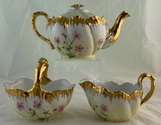 Antique Limoges Heavy Gold Hand Painted Floral Tea Pot,  Creamer,  Sugar Set