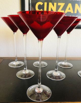 Rare Vintage Art Deco 10 " Tall Elegant Ruby Red Glass Martini Glass Set 7 Pc.