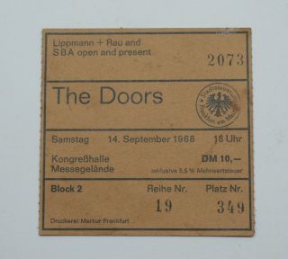 Doors Concert Ticket Stub Kongresshalle Frankfurt Germany Sept 14 1968 Rare