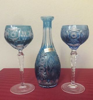 Nachtmann Traube Wine Decanter Baby Blue Glasses Cut To Clear Crystal Set