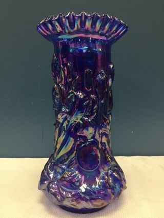 Fenton Art Glass Cobalt Blue Carnival Iridized Heavy Iris Vase 12”