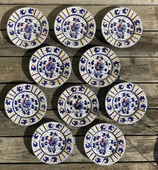 10 Deruta Italian Italy Pottery Hand Painted Rooster Plates Blue & White 9”