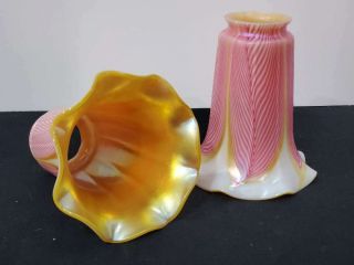 (2) Vintage Art Glass Pulled Feather Lamp Shades,  Pink & Gold,  5 3/4 "