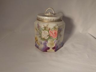 Rare R.  S.  Prussia Mold 479 Large White Pink Roses Urn Gold Lavender Biscuit Jar