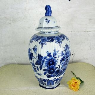 Porceleyne Fles Delft Vase Urn Ginger Jar Marked Blue White Foo Dog 14.  96 "