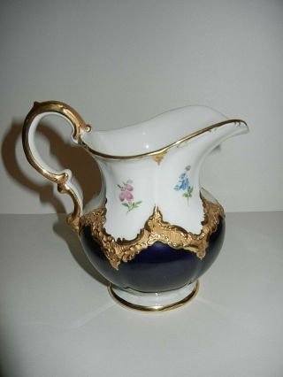 Large Meissen B Form Creamer Heavy Gold,  Cobalt And Floral 1st Quality