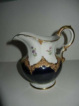 LARGE MEISSEN B FORM CREAMER HEAVY GOLD,  COBALT AND FLORAL 1ST QUALITY 2