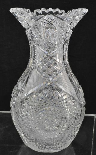 Hoare American Brilliant Period Cut Crystal Hobstar 12 " Vase Abp 19th Century