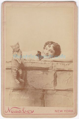 American Stage Actress And Comedienne Allie Gilbert With Cat.  Cabinet Photo