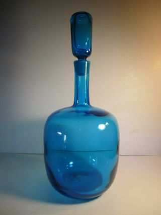 Vtg Blenko Large Blue Decanter With Rounded Base & Long Neck Decanter Bottle Set