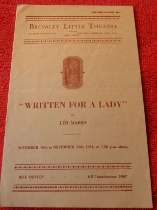 Written For A Lady Program 1954 Bromley Little Theatre
