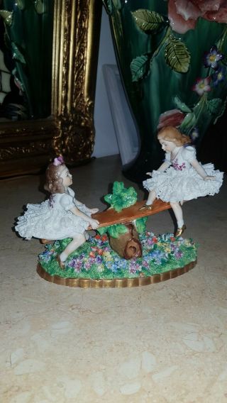 Stunning Sitzendorf Dresden Lace Figurine - Girls On Seesaw