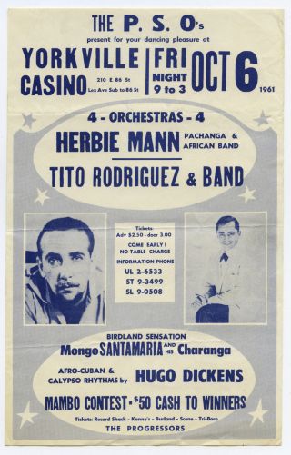 Herbie Mann Mongo Santamaria 1961 Concert Handbill / Flyer