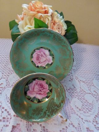Collectible Paragon Green Tea Cup/saucer With Pink Rose Center Rare A1695