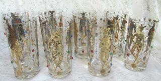 Vintage Set 8 Culver Mardi Gras Gold Jeweled Hi - Ball Drinking Glasses Jester
