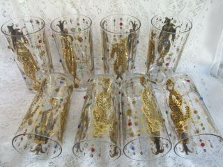 Vintage Set 8 Culver Mardi Gras Gold Jeweled Hi - Ball Drinking Glasses Jester 2