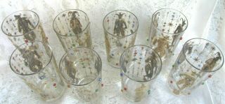 Vintage Set 8 Culver Mardi Gras Gold Jeweled Hi - Ball Drinking Glasses Jester 3