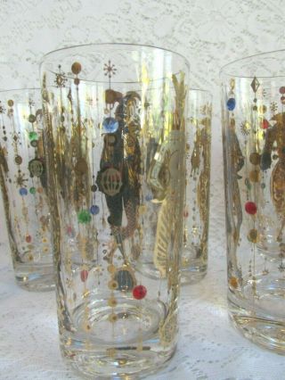 Vintage Set 8 Culver Mardi Gras Gold Jeweled Hi - Ball Drinking Glasses Jester 5