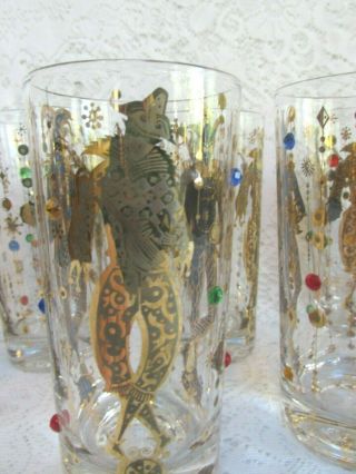 Vintage Set 8 Culver Mardi Gras Gold Jeweled Hi - Ball Drinking Glasses Jester 6