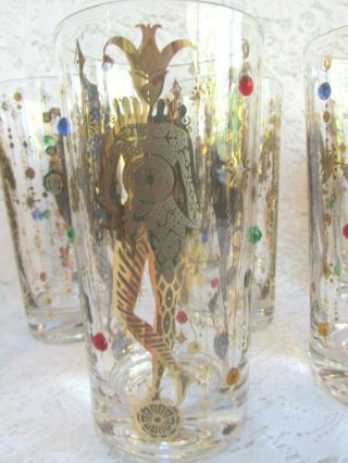 Vintage Set 8 Culver Mardi Gras Gold Jeweled Hi - Ball Drinking Glasses Jester 7
