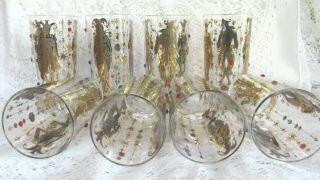 Vintage Set 8 Culver Mardi Gras Gold Jeweled Hi - Ball Drinking Glasses Jester 8