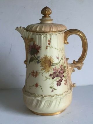Rare Antique Royal Worcester Blush Ivory Floral Painted Chocolate Pot 1893 1613