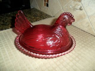 Indiana Cranberry Glass Hen On A Nest Covered Glass Dish Beaded