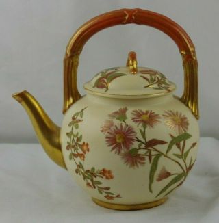 Antique Royal Worcester Blush Porcelain Tea Pot Horn Round Handle Flowers