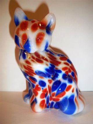 Fenton Glass Fetty Red White & Blue Patriotic Hollow Blown Sitting Cat Gse