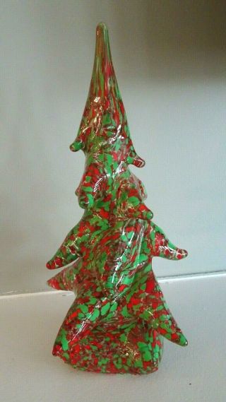 Murano Art Glass Christmas Tree Green Red Flecked Figurine W/ Label