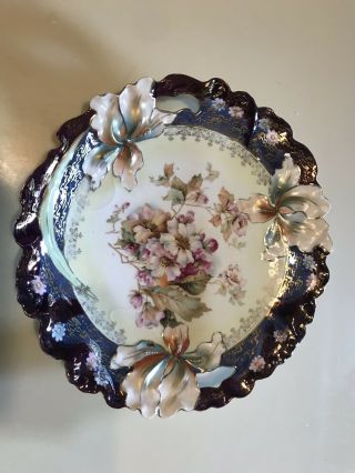 ANTIQUE R.  S.  GERMANY FLORAL CAKE PLATE EMBOSSED WITH CUT OUT HANDLES HALLMARKED 10