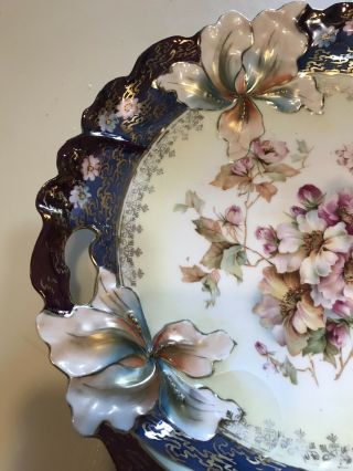 ANTIQUE R.  S.  GERMANY FLORAL CAKE PLATE EMBOSSED WITH CUT OUT HANDLES HALLMARKED 2