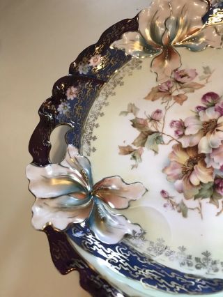 ANTIQUE R.  S.  GERMANY FLORAL CAKE PLATE EMBOSSED WITH CUT OUT HANDLES HALLMARKED 3