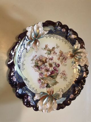 ANTIQUE R.  S.  GERMANY FLORAL CAKE PLATE EMBOSSED WITH CUT OUT HANDLES HALLMARKED 5